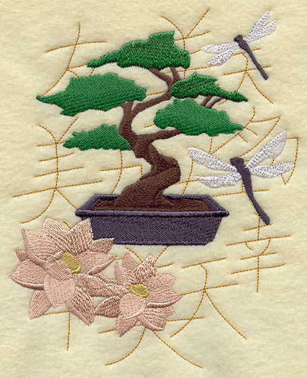 Bonsai with Dragonflies and Lotus Blooms