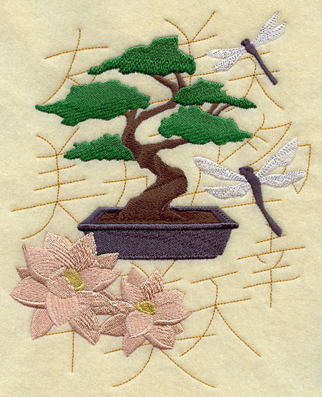 Bonsai with Dragonflies and Lotus Blooms