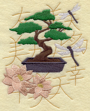 Bonsai with Dragonflies and Lotus Blooms