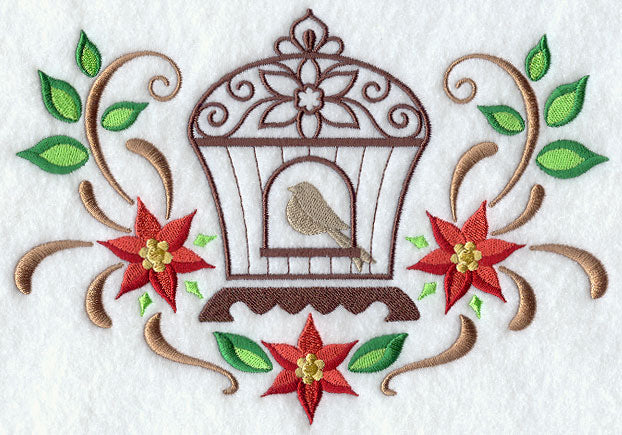 Ornate Christmas Birdcage with Poinsettia