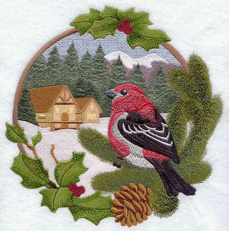 Country Christmas - Pine Grosbeak and Cabin