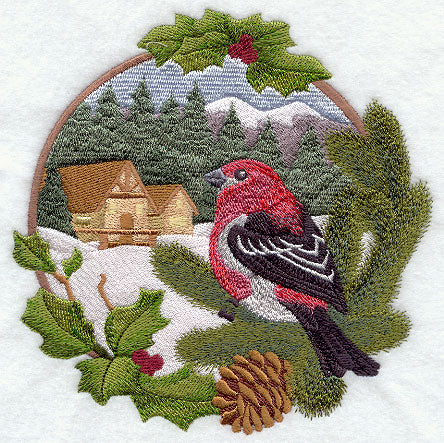 Country Christmas - Pine Grosbeak and Cabin