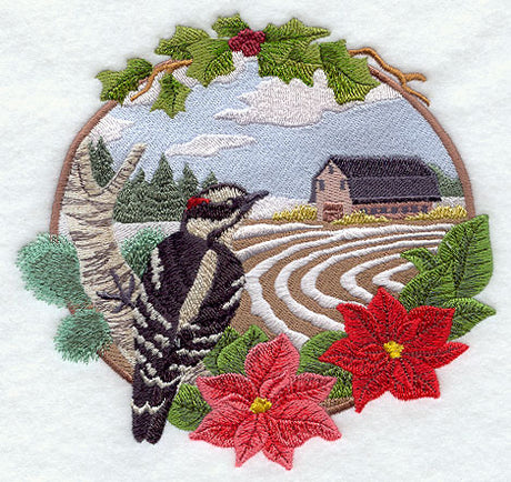 Country Christmas - Downy Woodpecker and Barn