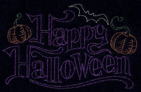 Halloween Greeting with Jack-o-Lanterns and Bat (Redwork)