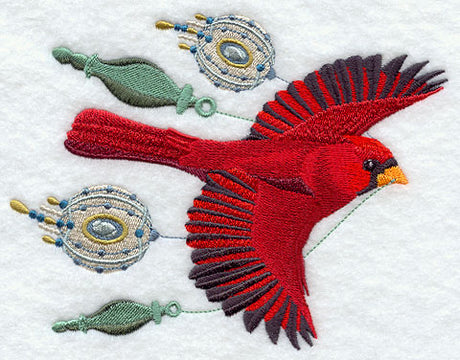 Flying Cardinal with Christmas Ornaments
