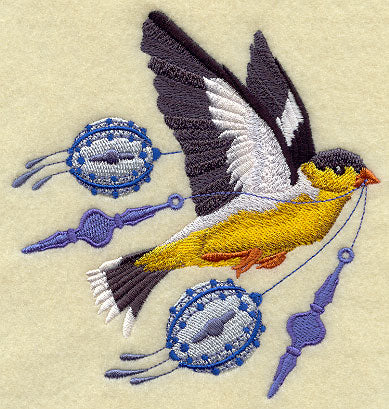 Flying Goldfinch with Christmas Ornaments