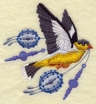 Flying Goldfinch with Christmas Ornaments