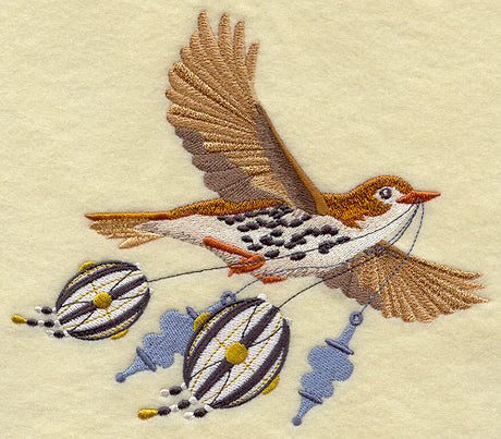 Flying Wood Thrush with Christmas Ornaments