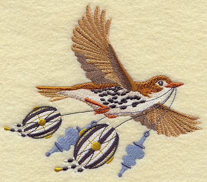 Flying Wood Thrush with Christmas Ornaments