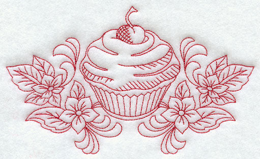 Cherry Cupcake and Flowers (Redwork)