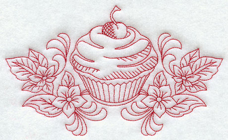 Cherry Cupcake and Flowers (Redwork)