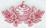 Cherry Cupcake and Flowers (Redwork)