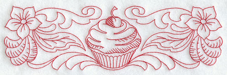 Cherry Cupcake and Flowers Border (Redwork)