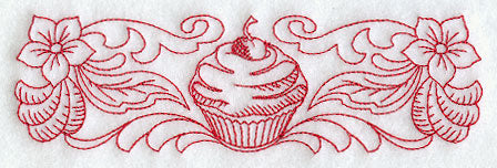 Cherry Cupcake and Flowers Border (Redwork)