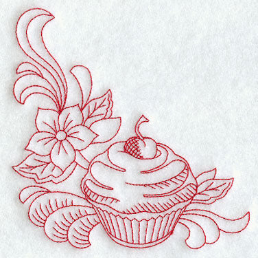 Cherry Cupcake and Flower Corner (Redwork)
