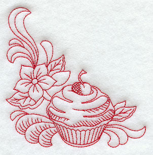 Cherry Cupcake and Flower Corner (Redwork)