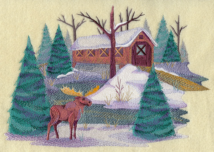 Country Scene with Moose in Watercolor