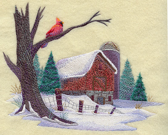 Country Scene with Cardinal in Watercolor