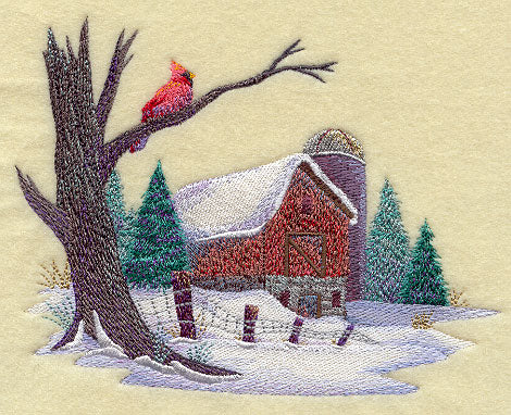 Country Scene with Cardinal in Watercolor