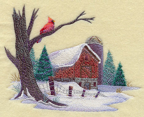 Country Scene with Cardinal in Watercolor