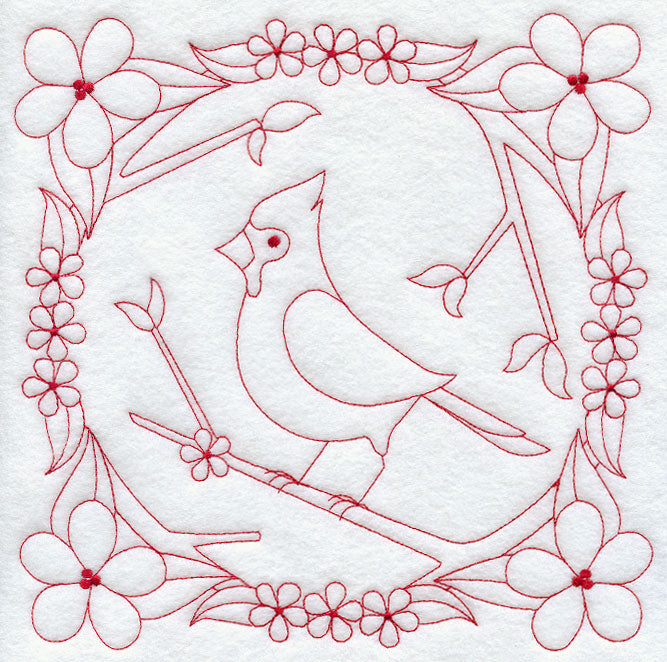 Cardinal and Blooms (Redwork)