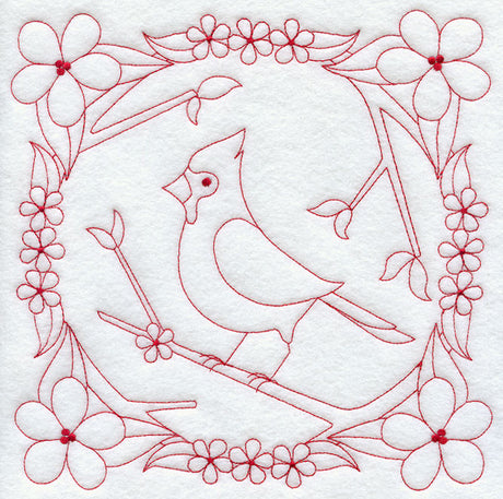 Cardinal and Blooms (Redwork)