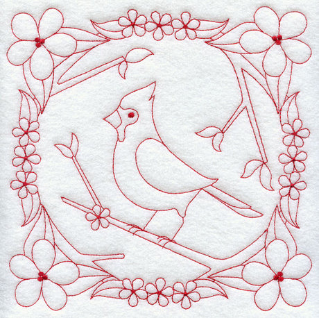 Cardinal and Blooms (Redwork)