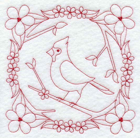 Cardinal and Blooms (Redwork)