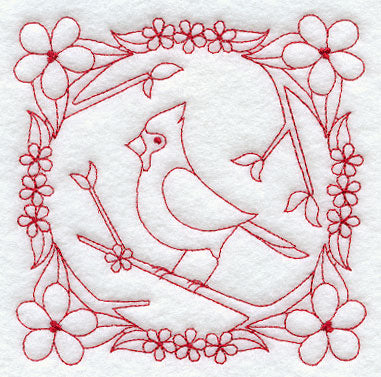 Cardinal and Blooms (Redwork)