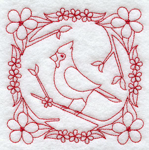 Cardinal and Blooms (Redwork)