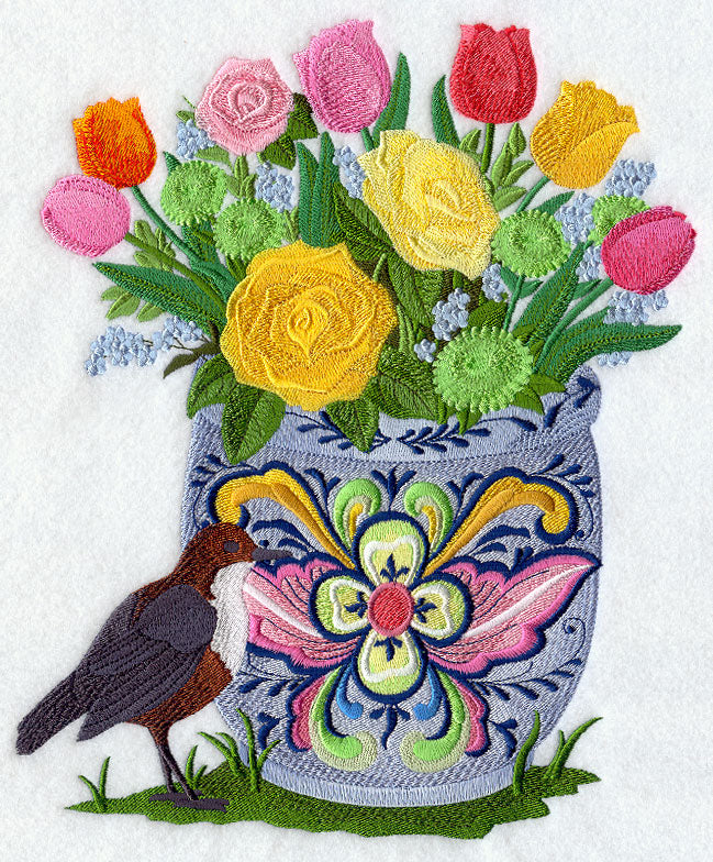 Rosemaling Flowerpot with White-throated Dipper