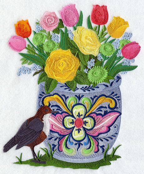 Rosemaling Flowerpot with White-throated Dipper