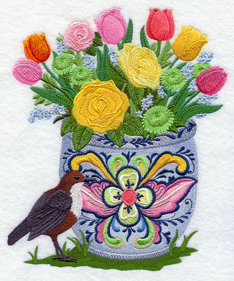 Rosemaling Flowerpot with White-throated Dipper
