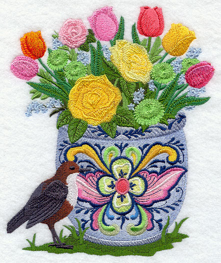 Rosemaling Flowerpot with White-throated Dipper