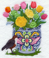 Rosemaling Flowerpot with White-throated Dipper