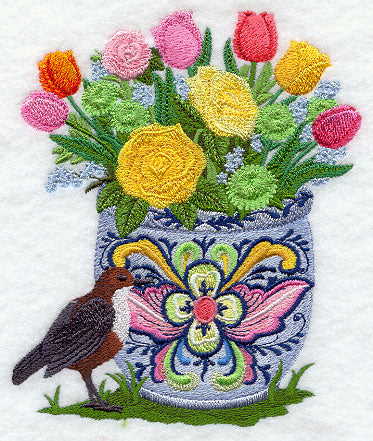 Rosemaling Flowerpot with White-throated Dipper