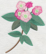 Embroidered Mountain Laurel with a long stem, featuring pink flowers and green leaves on a light fabric background.