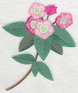 Embroidered pink mountain laurel flowers with green leaves form a long stem on white fabric; digital embroidery design.