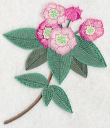 Digitally downloadable machine embroidery design of pink flower cluster with green leaves and a long brown stem.