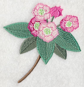 Embroidered pink mountain laurel flowers with green leaves and brown stems on light fabric; machine embroidery design.