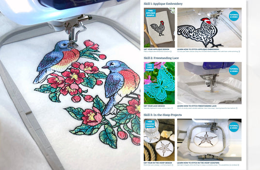 Embroidery machine with colorful bird design on a white background