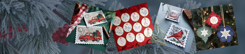 Collage of in-the-hoop machine embroidery designs - mug rug, ornaments, coasters. 