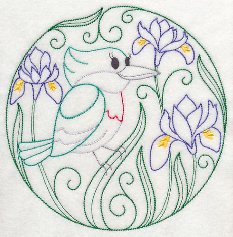 Green Kingfisher and Harmony Irises (Vintage)