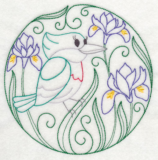 Green Kingfisher and Harmony Irises (Vintage)