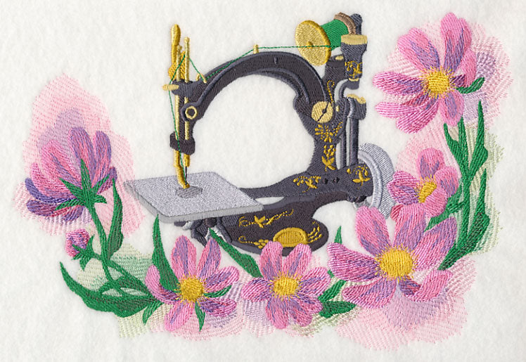 Sewing Machine with Cosmos in Watercolor