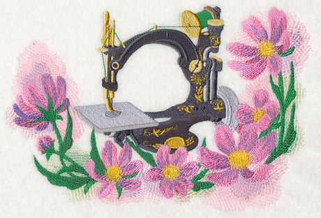 Sewing Machine with Cosmos in Watercolor