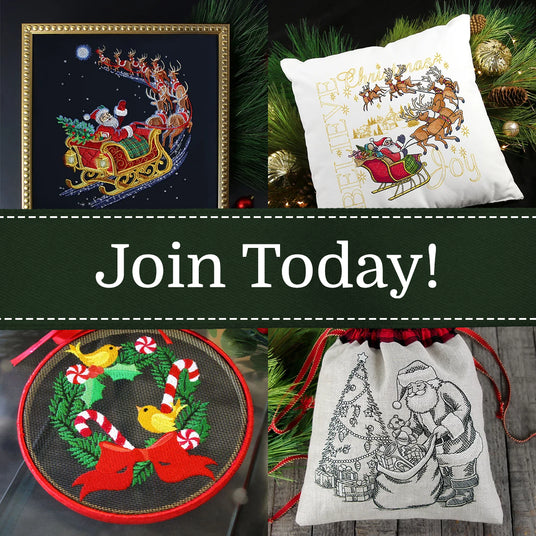 A promotional collage showing four Christmas-themed machine embroidered  decor items: a framed design of Santa in a sleigh, a white pillow with embroidered reindeer and gold text, a round embroidery hoop with a holiday wreath and candy canes, and a drawstring bag with a black Santa illustration. A dark green banner across the center reads “Join Today!”.