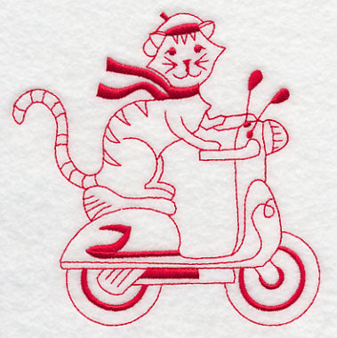 French Feline on Scooter (Redwork)