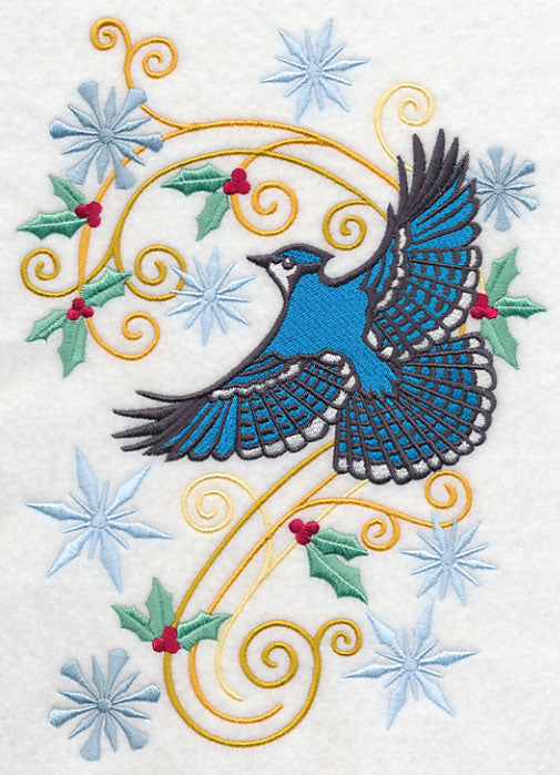 Bluejay with Snowy Flourish