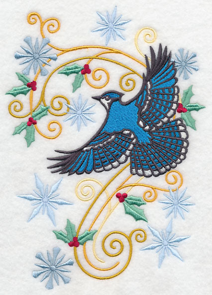 Bluejay with Snowy Flourish